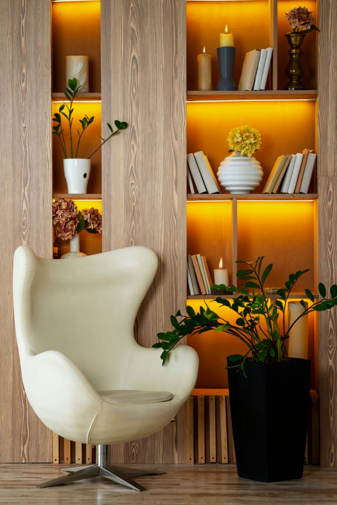 white chair with orange cabinet